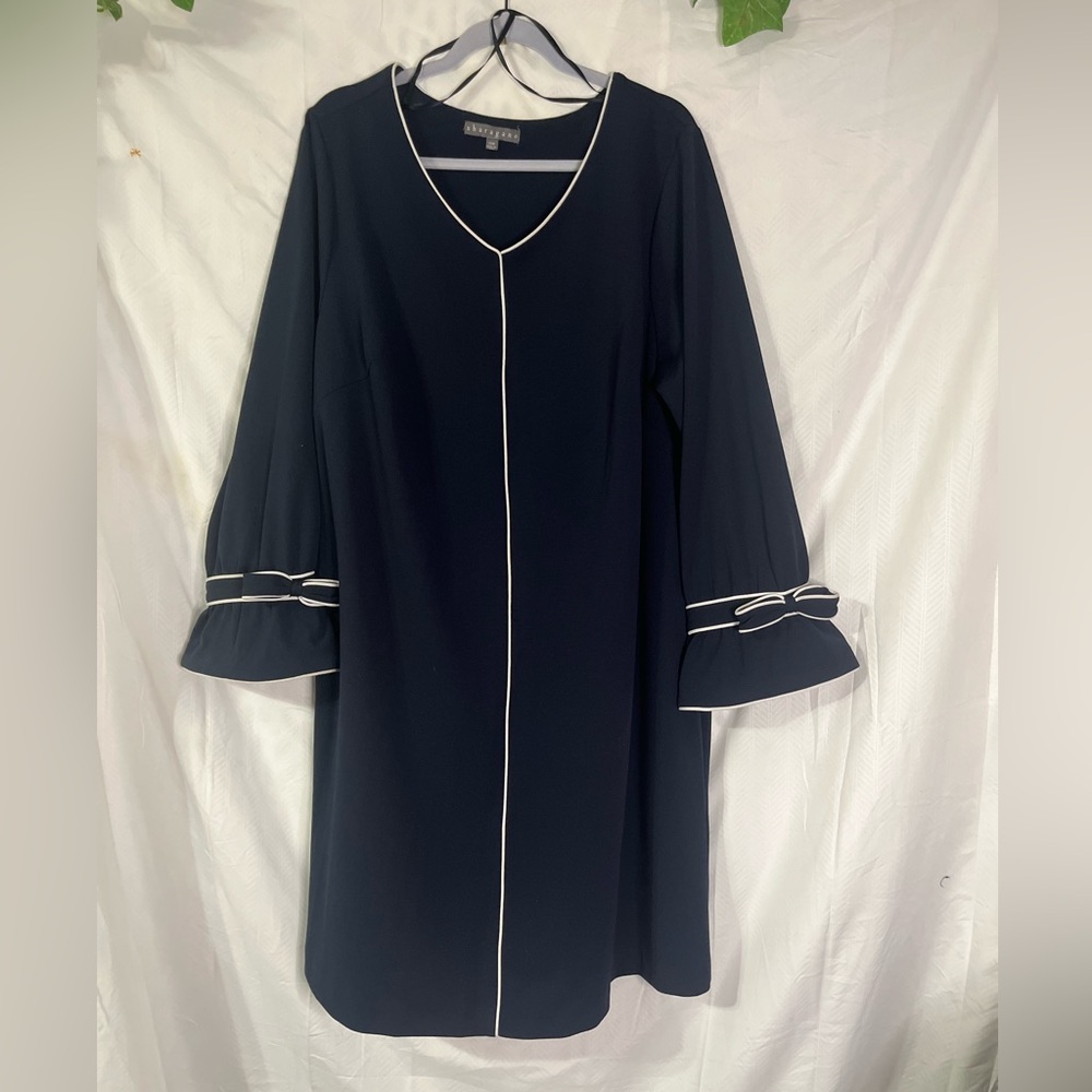 Anne Klein Navy Dress with White Piping and Ruffled Sleeves